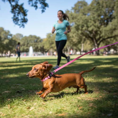 Dachshund wearing a pink adjustable collar running through a grassy park